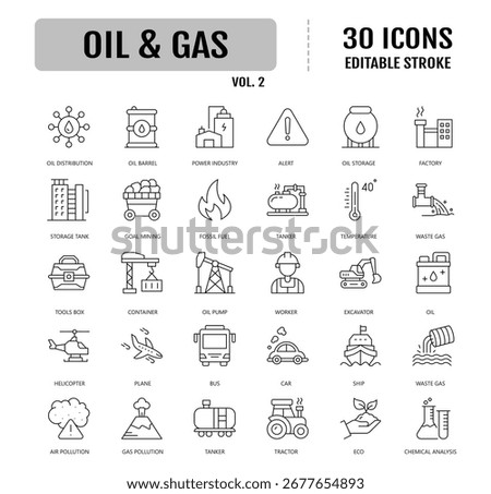 oil and gas line editable icon set. Editable stroke. Vector illustration