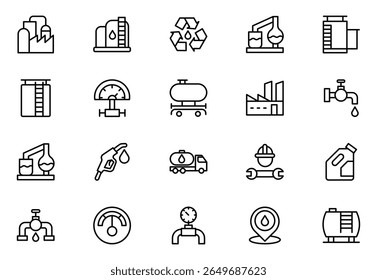 Oil and Gas line icon set. Containing fuel, refinery, petroleum, oil well, gas pump, offshore platform, lubricant, oil barrels and more.vector icons collection.