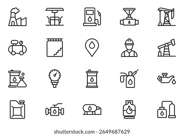 Oil and Gas line icon set. Containing fuel, refinery, petroleum, oil well, gas pump, offshore platform, lubricant, oil barrels and more.vector icons collection.