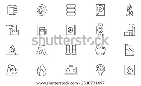 Oil and Gas line icon set. Renewable energy, alternative, fuel station, Automation, Warehouse, Manufacturing, Worker, Crane, Chemical, Assembly line icon set. UI thin line icon pack.