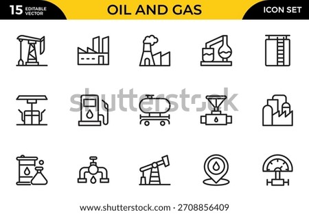 Oil and Gas line icon set. Containing fuel, refinery, petroleum, oil well, gas pump, offshore platform, lubricant, oil barrels. Thin outline icons pack. Vector illustration