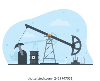 Oil and gas mining with crane construction. Barrel with fuel icon and drilling equipment