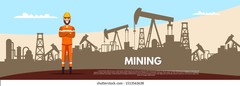 Oil and gas mining flat banner vector template. Miner in helmet cartoon character. Fossil, minerals extraction industry poster layout. Happy worker and heavy machinery illustration with typography