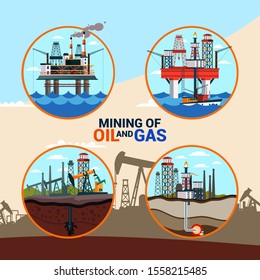 Oil and gas mining flat banner vector template. Fossil, minerals extraction industry poster layout. Heavy machinery illustration with typography