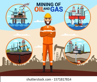 Oil and gas mining flat banner vector template. 