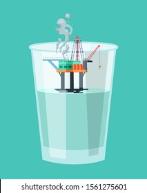 Oil and gas mining industry production concept vector illustration flat style design. Offshore oil facility platform construction derrick rig inside clear plastic cup with water.
