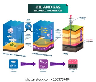 Oil And Gas Natural Formation Labeled Vector Illustration Explain Scheme. Time Line From Million Years Ago To Today. Educational Drilling Technology Process To Get Fossil Energy. Resource Infographic.