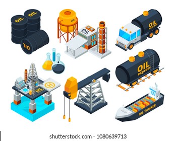 Oil and gas petroleum refining. Isometric pictures set