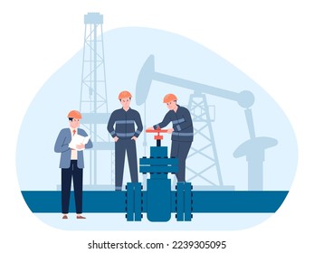 Oil gas pipeline concept. Flat petroleum gas workers and pump. Maintenance engineering, industrial engineer mechanic recent vector scene