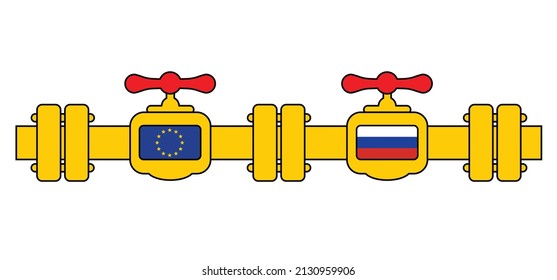 Oil, gas pipeline with flags and with fittings and valves. Valve on the main gas pipeline between the European, Russia crisis. Pipeline with flag. sanction, open, close war conflict. No gas tap, 