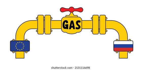 Oil, gas pipeline with flags and with fittings and valves. Valve on the main gas pipeline between the European, Russia crisis. Pipeline with flag. sanction, open, close war conflict. No gas tap, M3 in