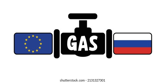 Oil or gas pipeline with flags and with fittings and valves. Valve on the main gas pipeline between the European and Russia. Pipeline with flag. sanction, open or close war conflict. Euro or roubles.