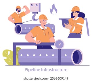 Oil and Gas Pipeline Infrastructure concept. Workers operate valves and study plans amidst pipes and flames. Industrial energy sector teamwork. Vector illustration.