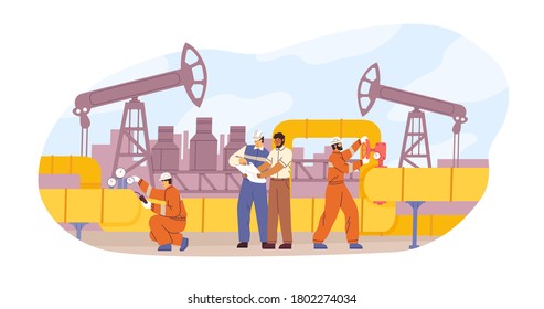 Oil or gas pipeline service vector flat illustration. Engineer and oilman looking to professional document isolated. Team of diverse technician workers control and check pressure work together svg
