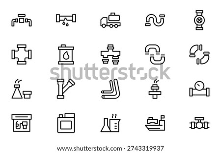 Oil and Gas Piping Components Line Icon Set – Refinery Valves, Pipeline Parts and Engineering Fittings Outline Vector Icons, Editable Stroke, Pixel Perfect