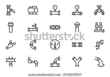 Oil and Gas Piping Components Line Icon Set – Refinery Valves, Pipeline Parts and Engineering Fittings Outline Vector Icons, Editable Stroke, Pixel Perfect