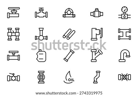 Oil and Gas Piping Components Line Icon Set – Refinery Valves, Pipeline Parts and Engineering Fittings Outline Vector Icons, Editable Stroke, Pixel Perfect