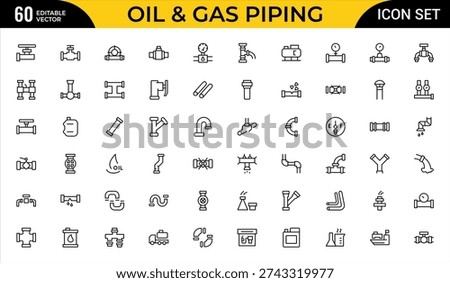 Oil and Gas Piping Components Line Icon Set – Refinery Valves, Pipeline Parts and Engineering Fittings Outline Vector Icons, Editable Stroke, Pixel Perfect