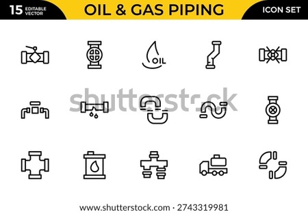Oil and Gas Piping Components Line Icon Set – Refinery Valves, Pipeline Parts and Engineering Fittings Outline Vector Icons, Editable Stroke, Pixel Perfect