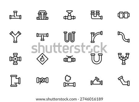 Oil and Gas Piping Components Line Icon Set – Refinery Valves, Pipeline Parts and Engineering Fittings Outline Vector Icons, Editable Stroke
