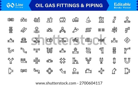 Oil And Gas Piping Components Unique Line Icon Pack Featuring Refinery Valves, Pipeline Parts, and Engineering Fittings in a Sharp, Editable Vector Style