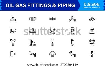 Oil And Gas Piping Components Unique Line Icon Pack Featuring Refinery Valves, Pipeline Parts, and Engineering Fittings in a Sharp, Editable Vector Style