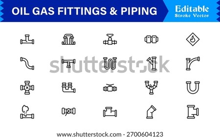Oil And Gas Piping Components Unique Line Icon Pack Featuring Refinery Valves, Pipeline Parts, and Engineering Fittings in a Sharp, Editable Vector Style