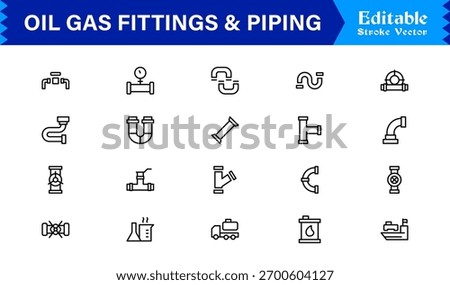 Oil And Gas Piping Components Unique Line Icon Pack Featuring Refinery Valves, Pipeline Parts, and Engineering Fittings in a Sharp, Editable Vector Style