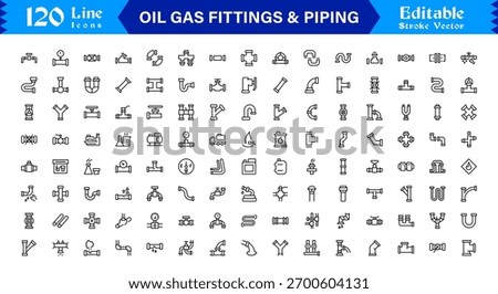 Oil And Gas Piping Components Unique Line Icon Pack Featuring Refinery Valves, Pipeline Parts, and Engineering Fittings in a Sharp, Editable Vector Style