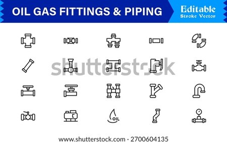 Oil And Gas Piping Components Unique Line Icon Pack Featuring Refinery Valves, Pipeline Parts, and Engineering Fittings in a Sharp, Editable Vector Style