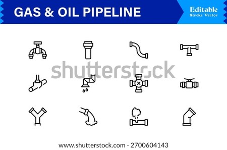 Oil And Gas Piping Components Unique Line Icon Pack Featuring Refinery Valves, Pipeline Parts, and Engineering Fittings in a Sharp, Editable Vector Style
