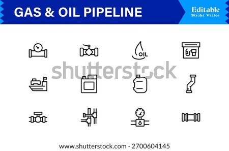Oil And Gas Piping Components Unique Line Icon Pack Featuring Refinery Valves, Pipeline Parts, and Engineering Fittings in a Sharp, Editable Vector Style