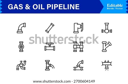 Oil And Gas Piping Components Unique Line Icon Pack Featuring Refinery Valves, Pipeline Parts, and Engineering Fittings in a Sharp, Editable Vector Style