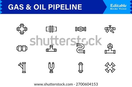 Oil And Gas Piping Components Unique Line Icon Pack Featuring Refinery Valves, Pipeline Parts, and Engineering Fittings in a Sharp, Editable Vector Style