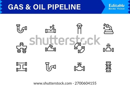 Oil And Gas Piping Components Unique Line Icon Pack Featuring Refinery Valves, Pipeline Parts, and Engineering Fittings in a Sharp, Editable Vector Style