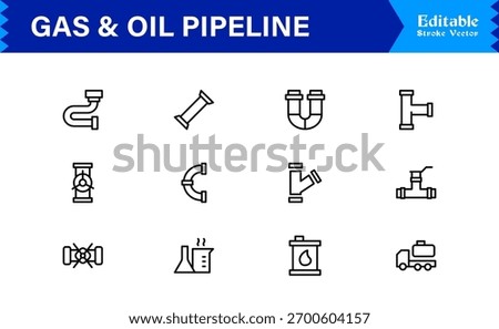 Oil And Gas Piping Components Unique Line Icon Pack Featuring Refinery Valves, Pipeline Parts, and Engineering Fittings in a Sharp, Editable Vector Style