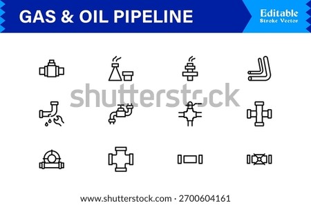 Oil And Gas Piping Components Unique Line Icon Pack Featuring Refinery Valves, Pipeline Parts, and Engineering Fittings in a Sharp, Editable Vector Style