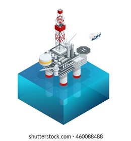 Oil And Gas Platform In The Gulf Or The Sea. The World Energy. Offshore Oil And Rig Construction. Vector Isometric Icon. 