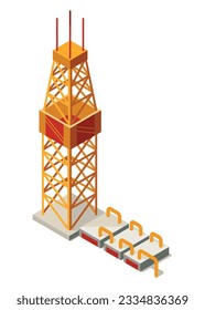 Oil gas platform isometric icon composition. Offshore mining element of depot petroleum products with drilling rig platform. Item for extraction from under the sea bed deposits