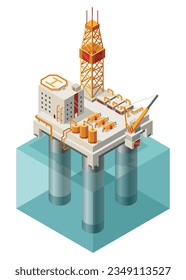 Plataforma de gas de petróleo composición de íconos isométricos en agua. Elementos mineros marinos de los productos petrolíferos de depósito con plataforma de perforación. Instalaciones para la extracción de los depósitos submarinos