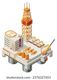 Oil gas platform isometric icon composition. Offshore mining element of depot petroleum products with drilling rig platform. Item for extraction from under the sea bed deposits