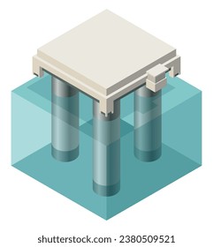 Oil gas platform isometric icon composition. Offshore mining element of depot petroleum products with drilling rig platform. Item for extraction from under the sea bed deposits