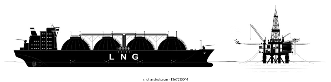 Oil or gas platform in the ocean and a tanker for the transport of liquefied gas. Black contour with a large number of parts