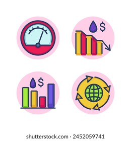 Oil and gas price line icon set. Worldwide circulation, oil price drop, falling, measuring device, statistics. World price for fuel, oil and gas concept. Vector illustration for web design and app