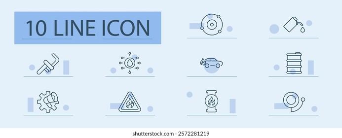 Oil and gas processing set icon. Wrench, drop, molecule, car fire, barrel, gas pipe, safety, maintenance, warning, fire hydrant