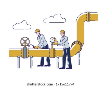 Oil And Gas Production Concept. Operators Monitoring And Control Of Gas And Oil Transportation Based On Pressure Gauge Readings In Pipeline. Cartoon Linear Outline Flat Style. Vector Illustration