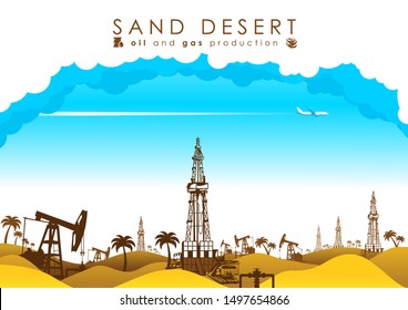 Oil And Gas Production, Drilling Rigs Against The Background Of Sand Desert