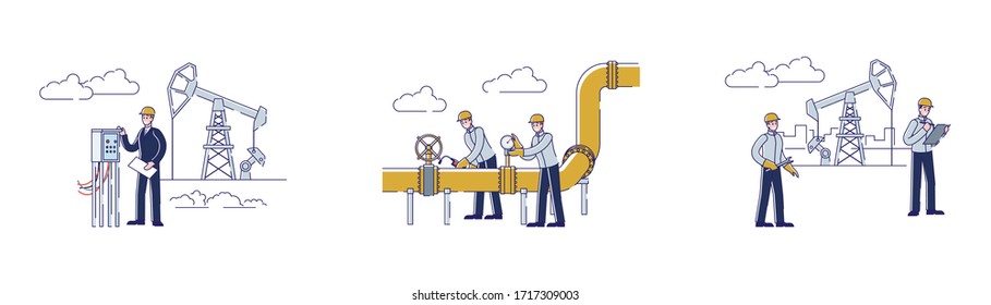 Oil And Gas Production. Operators Make Service Of Current Breakage In Plant, Control Oil And Gas Extraction And Transportation From Plant. Cartoon Linear Outline Flat Style. Vector Illustrations Set