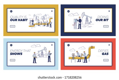 Oil And Gas Production. Website Landing Page. Operators Make Service Of Current Breakage In Plant, Control Oil And Gas Extraction. Web Page Cartoon Linear Outline Flat Style. Vector Illustrations Set