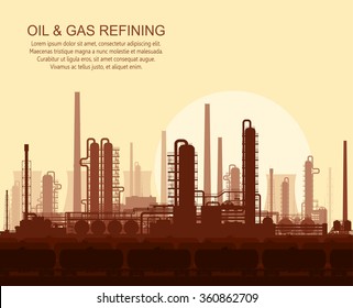 Oil and gas refinery or chemical plant at sunset. Vector illustration. 